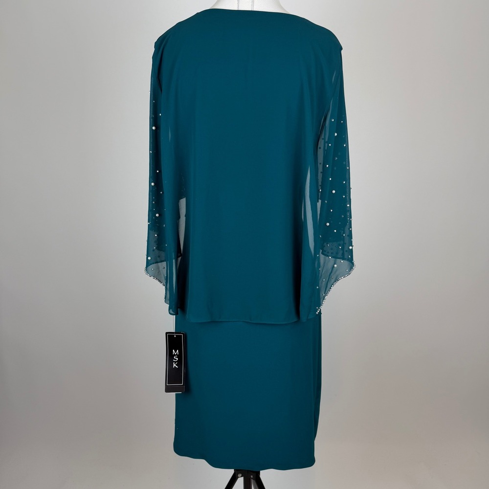 NWD MSK Neo Emerald Faux Wrap Cape Dress Embellished Pearl Sleeves Size Large - Picture 6 of 10